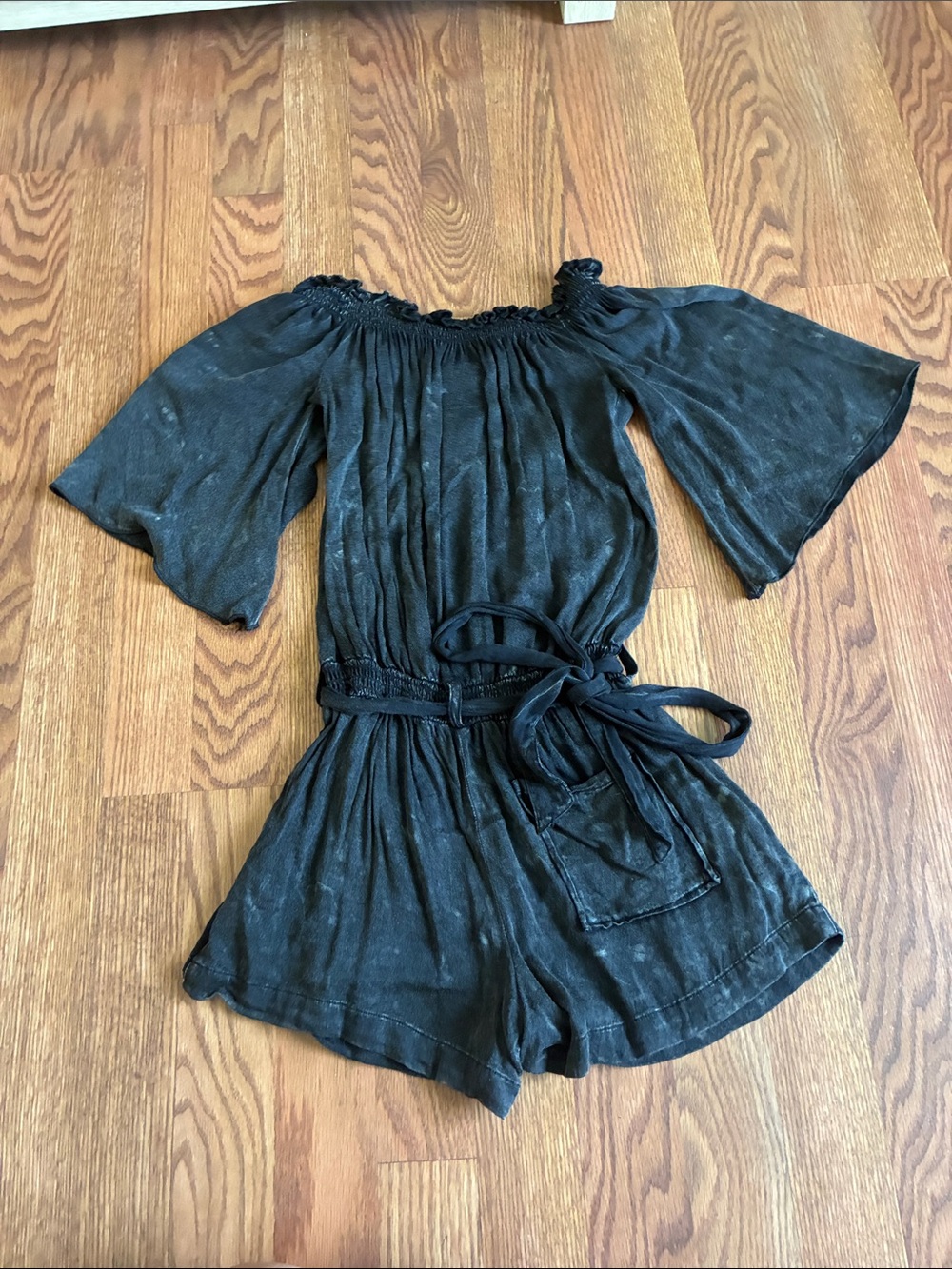 Black Off-Shoulder Short Romper with Tie Waist